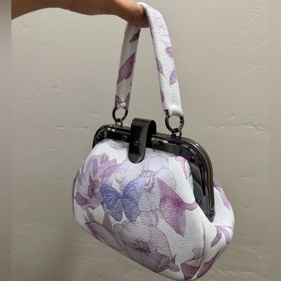 Butterfly Print Cowhide Leather Handmade Rivet Frame Push Lock Multi Use Handbag - Picture 8 of 16